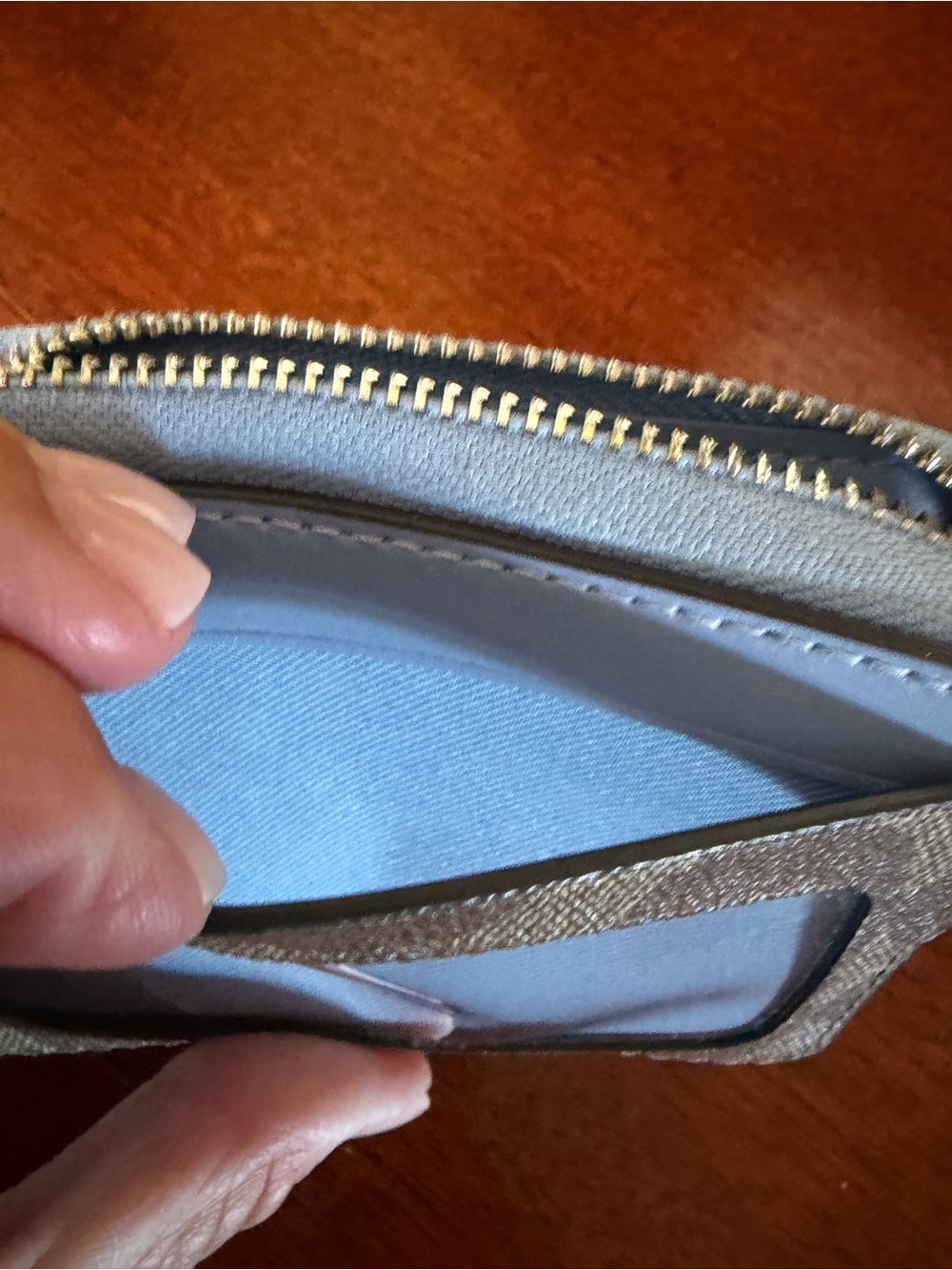 Coach Zip Card Case In Signature Canvas and Pale Blue Leather - Picture 6 of 8